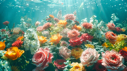 Fototapeta na wymiar Underwater Beauty with Aquatic Plants and Sun Rays, Peaceful Ocean Floor Scene, Exotic Floral Illustration