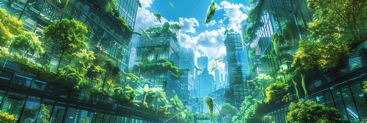Environmental Awareness City with Vertical Forest Drawing Imitation, Abstract Generative AI Illustration