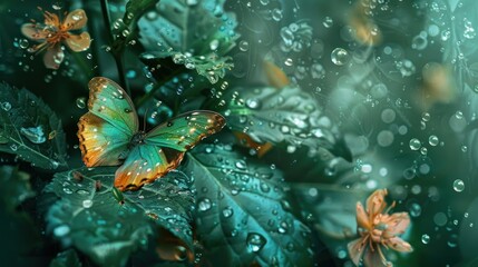 Develop a series of digital photo manipulations combining images of water drops with other elements of nature, such as leaves, 
