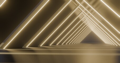 Futuristic architecture background empty geometric interior with glowing lamps in dark tunnel 3d render
