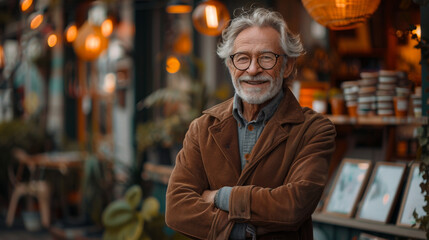 Happy smiling confident european middle aged older adult man small local business owner standing outside own cafe looking away and dreaming. Old senior entrepreneur portrait. Entrepreneurship.