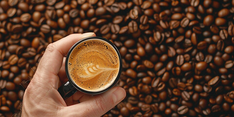 Quality testing aroma taste of good coffee bean drink production concept. Top view of hand holding a cup of espresso brown roasted arabica coffee beans on background. Copy paste empty place for text - obrazy, fototapety, plakaty