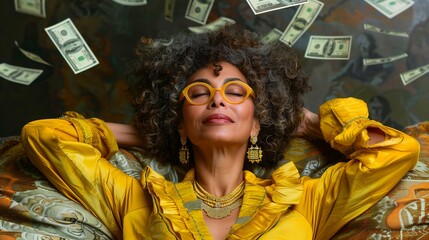 Woman Relishing Wealth and Success with Falling Money