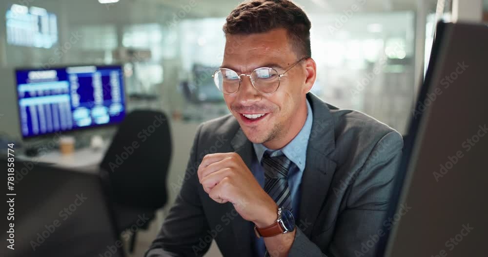Poster Computer, database and man in office with glasses, smile and code research for business analysis. Internet, programming and businessman checking dashboard, report or online review for web developer