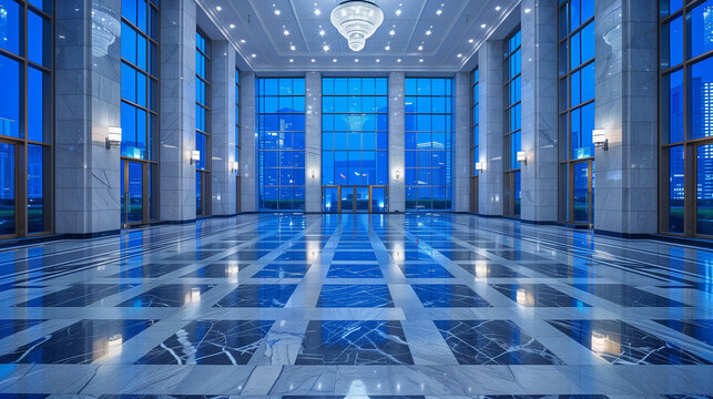  Luxurious marble floor in the lobby of an office building at night with blue lighting