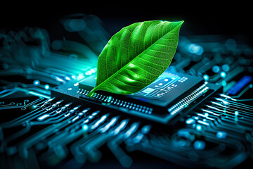 A green leaf is placed on top of a computer circuit board. The concept of the integration of eco-friendly technology and sustainable computing practices. Generative AI.