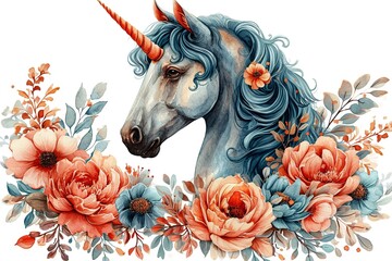 Watercolor unicorn with flowers on white background.