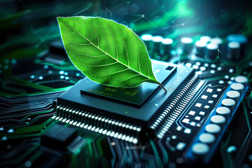 A green leaf is placed on top of a computer circuit board. The concept of the integration of eco-friendly technology and sustainable computing practices. Generative AI. - obrazy, fototapety, plakaty