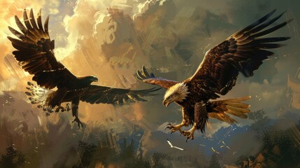 digital painting of an eagle engaged in aerial combat with another bird of prey, showcasing its agility and ferocity in defending its territory   - Powered by Adobe