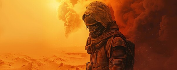Scavenger, makeshift armor, resourceful scavenger, scavenging for supplies in a desolate wasteland, dust storm raging, realistic image, silhouette lighting, chromatic aberration - obrazy, fototapety, plakaty
