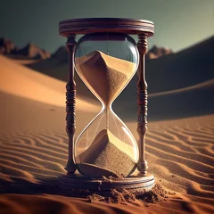 Foto op Canvas Hourglass on the background of the desert with sand. A symbol of life.  © Iryna