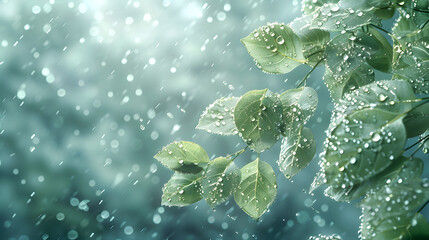 Obraz na płótnie Canvas rain-soaked leaves glisten under the soft light of a cloudy sky on a rainy day