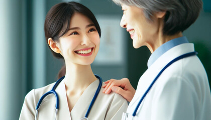 談笑する日本人シニア女性医師と若手女性医師