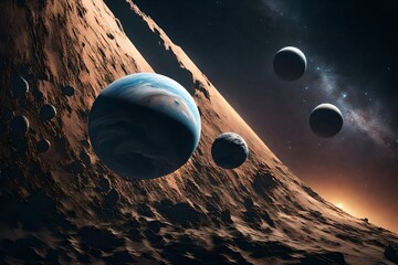 An otherworldly scene of planets suspended in the vastness of space, their surfaces and atmospheres...