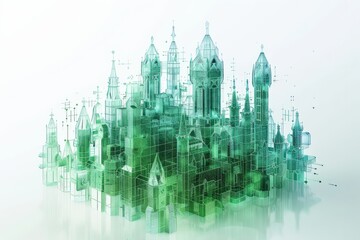 Fototapeta premium Digital castle made of data and polygons with digital field, minimalism 3d render green color at white background