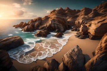 A secluded cove featuring soft sands surrounded by rugged rocks, the waves gently caressing the shore, all captured in breathtaking - obrazy, fototapety, plakaty