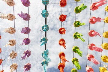 Beautiful decorations with handmade paper craft lantern hanging around the temple. One of the...