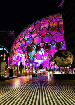 Dubai, United Arab Emirates - April 05, 2024:  EXPO City, view of Al Wasl Plaza dome at night, Dubai EXPO 2020, UAE