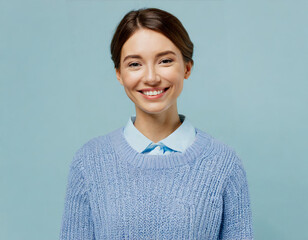 Young smiling fun happy caucasian european attractive cute woman 20s in casual sweater cute 