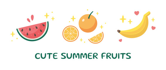 Summer popular food Set. Cute summer fruit, ice cream icons collection. Summertime elements. Beach party illustration. Cartoon vector illustration. Flat design.