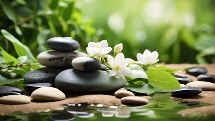 Fototapeta na wymiar Relaxation, harmony and well-being, body care and massage, spa and wellness concept, and Zen stones and water in a serene green landscape
