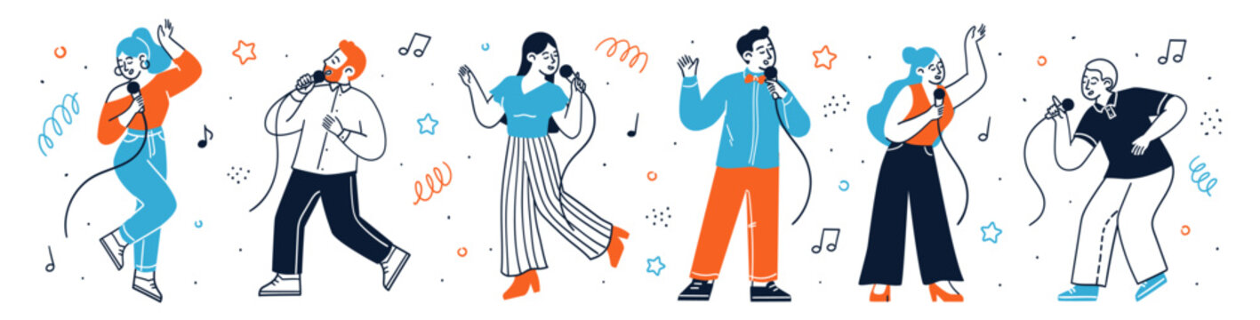 Happy people characters singing song with microphones set