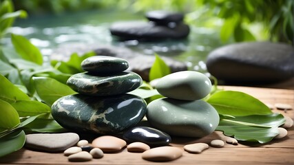 Relaxation, harmony and well-being, body care and massage, spa and wellness concept, and Zen stones and water in a serene green landscape