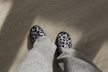 Woman wearing grey home slippers and standing on hardwood flooring in apartment	
