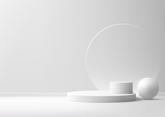 A minimalist scene with 3D white podium, sphere, and circle glass against a white background