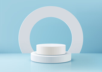 3D realistic white color podium platform with circle frame backdrop minimal wall scene on blue background