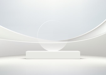 A minimalist scene with a white circle glass on top of a white podium in a white room. Product display mockups