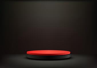 3D red and black podium on a black background with spotlight, Product mockup display