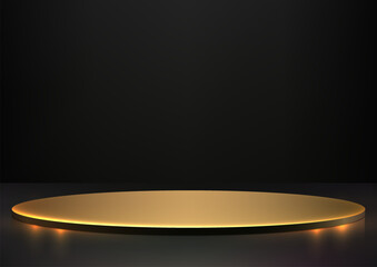 3D glowing gold circle podium on a black background, Luxury style, Product mockup display