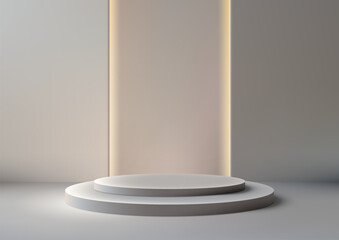 3D white podium with a spotlight behind it on gray background, Product mockup display