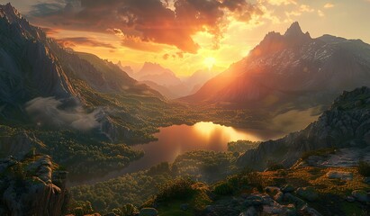 Majestic sunset over serene mountain lake landscape