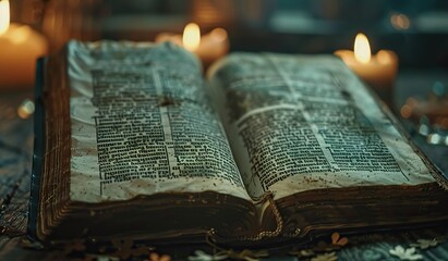 Antique book open on a table with lit candles in a cozy atmosphere