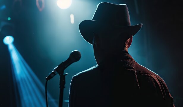 Silhouette of a cowboy singer performing on stage