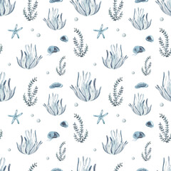 Corals, seaweed, starfish, blue jellyfish for prints and textures on a white background Watercolor seamless pattern with underwater creatures 