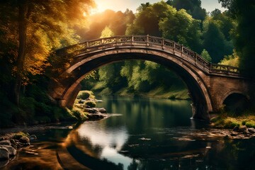 A panoramic shot of an arched bridge gracefully connecting riverbanks, the vibrant surroundings and architectural details presented in stunning - obrazy, fototapety, plakaty