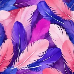 Seamless bird feather pattern with watercolor textured wing background elements in purple and pink