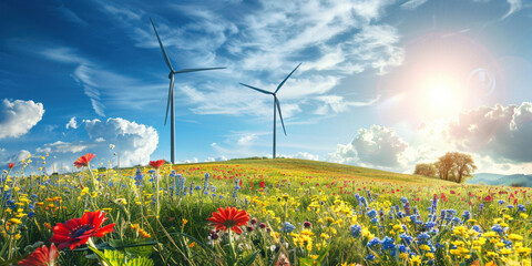 Eco natural renewable energy power generator equipment concept. Wind turbines generating electricity on hill covered with spring summer flowers and grass. Wind environmental farm on a hilltop