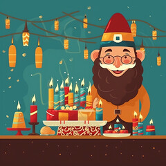 Happy Hanukkah Jewish, holiday social media post template Cartoon flat illustration, Jewish Festival of Lights, Religious festive symbols, Jew at festive table among candles and cakes