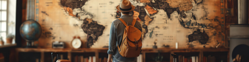 Fototapeta na wymiar Elegant Man standing world map backpack travel adventure vintage