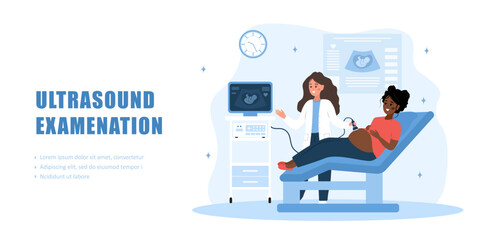 Ultrasound examination. Landing page template. Female doctor doing fetus screening to future mother. African girl with belly looking in monitor. Embryo health diagnostic. Cartoon vector illustration.