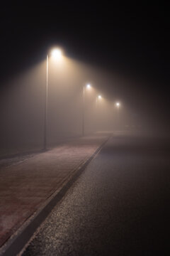 Streetlights in a suburb in the dense, spring fog.