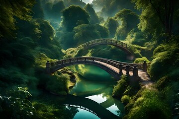 A picturesque scene of a bridge gracefully arching over a winding river, surrounded by lush...