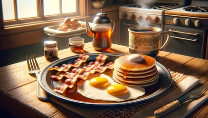1950s american nostalgic breakfast in the sunshine: fried eggs, bacon, and maple syrup pancakes