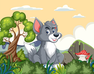 A happy cartoon dog sitting among forest elements. - 781864510