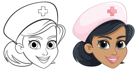 Color and outline of a smiling female nurse