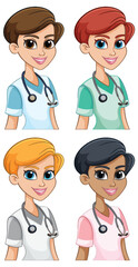 Four animated medical professionals smiling confidently.